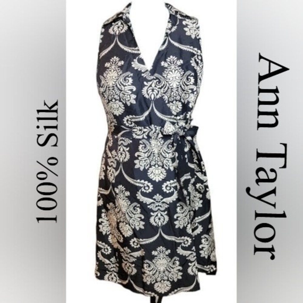 Ann Taylor Wrap Dress Womens 8 Black White 100% Silk Damask Paisley Classic Chic